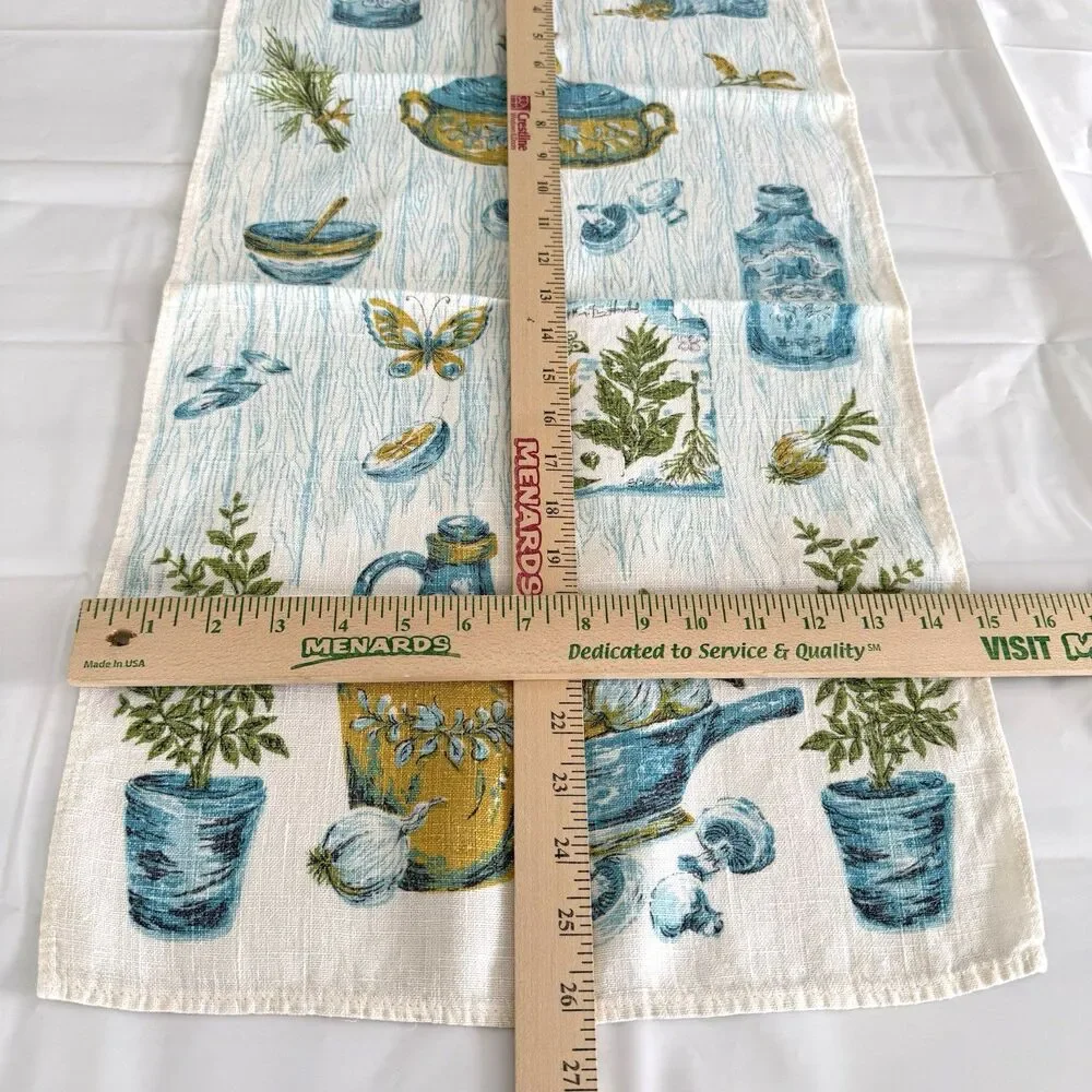 Vintage Rooster Mushrooms Canisters Linen Tea Towel Turquoise Harvest Gold Green